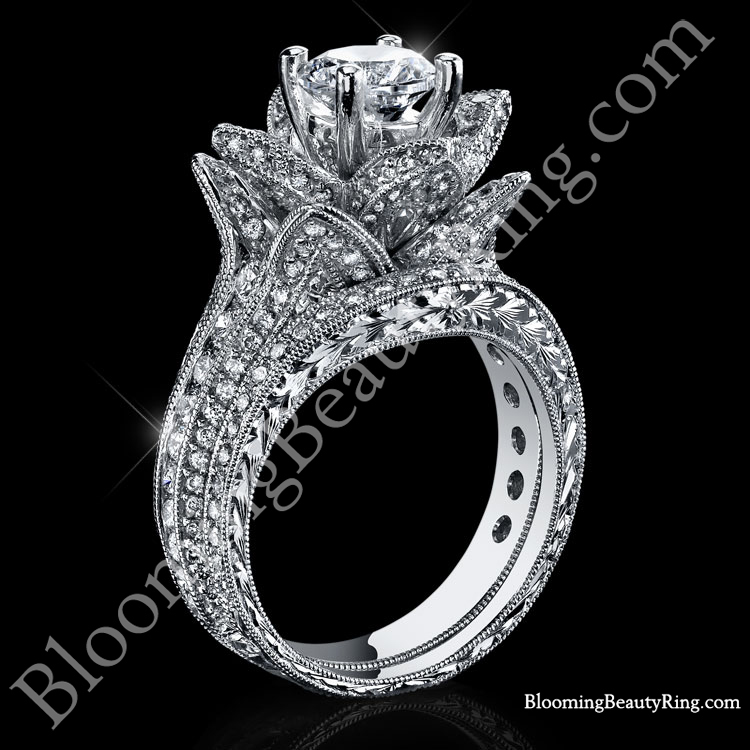 2.08 ctw. Large Hand Engraved Blooming Beauty Flower Ring Wedding Set - bbr434en-set