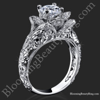 Diamond Embossed Blooming Rose Engagement Ring with Etched Carvings 1