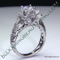 Diamond Embossed Blooming Rose Engagement Ring with Etched Carvings 2