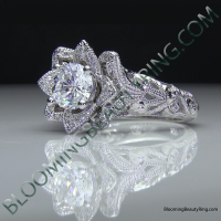 Diamond Embossed Blooming Rose Engagement Ring with Etched Carvings 6