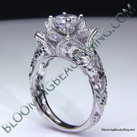 Diamond Embossed Blooming Rose Engagement Ring with Etched Carvings 3