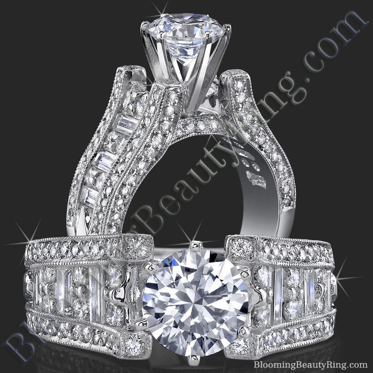 6 Prong Tiffany Style Engagement Ring with Alternating Round and Baguette Diamonds - bbr304