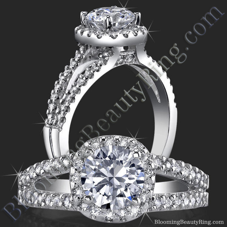 Art-Nouveau 4 Prong Split Shank Halo Engagement Ring Setting with Four Pave Peekaboo Diamonds
