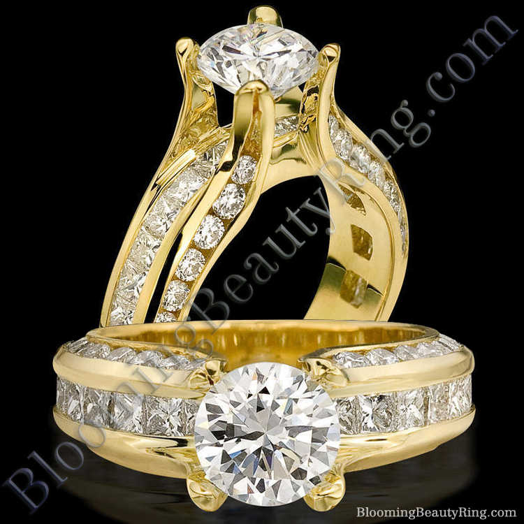 Fluid Round and Princess Channel Set Curved 4 Prong Diamond Engagement Ring - bbr393
