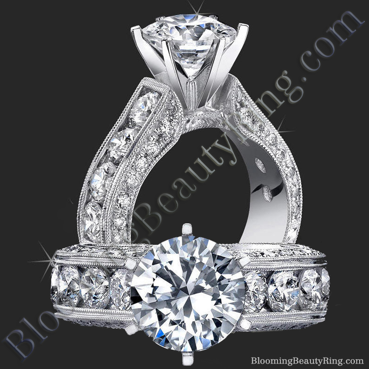 2.10 Carat Round Diamond Engraved Engagement Ring with Huge Quarter Carat Channel Set Diamonds - bbr389