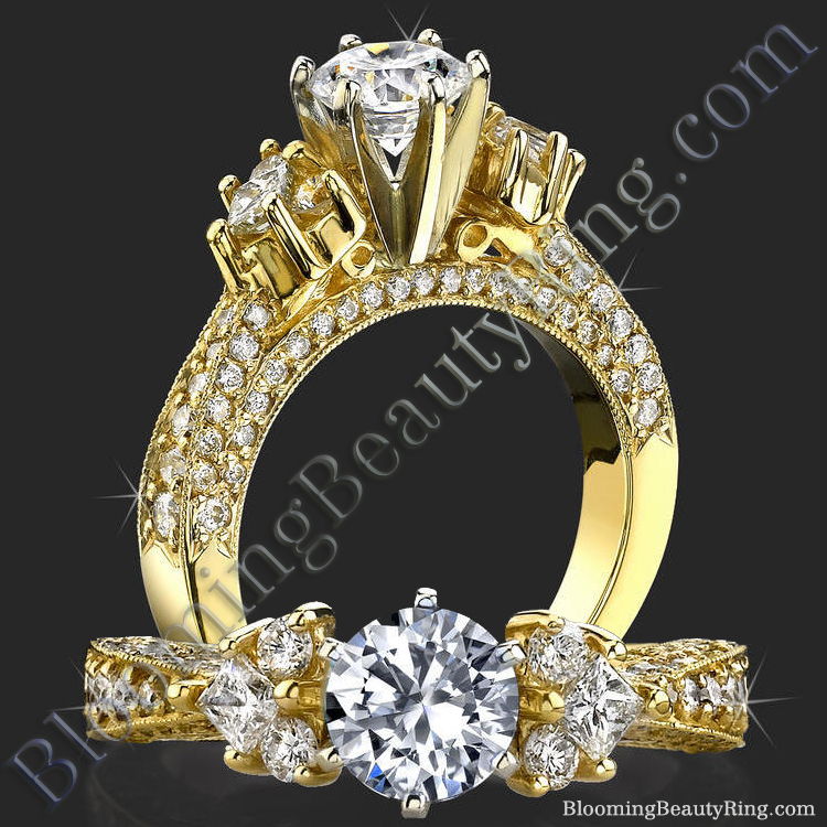 6 Prong Multi Shaped Graduated Diamond Pave Engagement Ring
