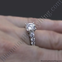 Shared Prong Antique Style Engagement Ring with Large Graduated Diamonds on the Finger
