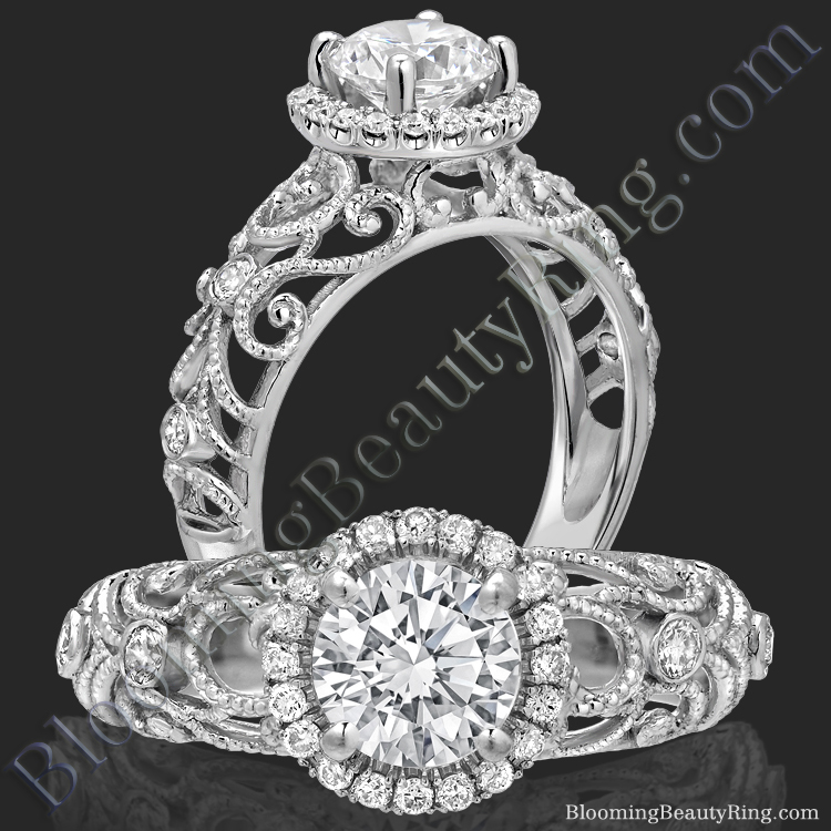 La Bella - Filigree Diamond Halo Engagement Ring - bbr669