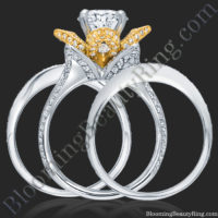 Double Band Two Toned White and Yellow Gold Flower Ring Set