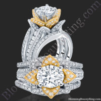 Double Band TwoToned White and Yellow Gold Flower Ring Set
