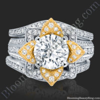 Double Wedding Band White and Yellow Gold Flower Engagement Ring Set
