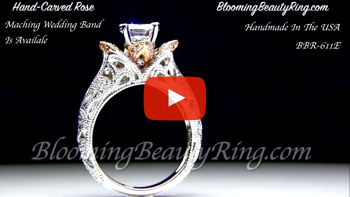 Art Carved Blooming Rose Flower Engagement Ring with Rose Gold Petals – bbr611 standing up video