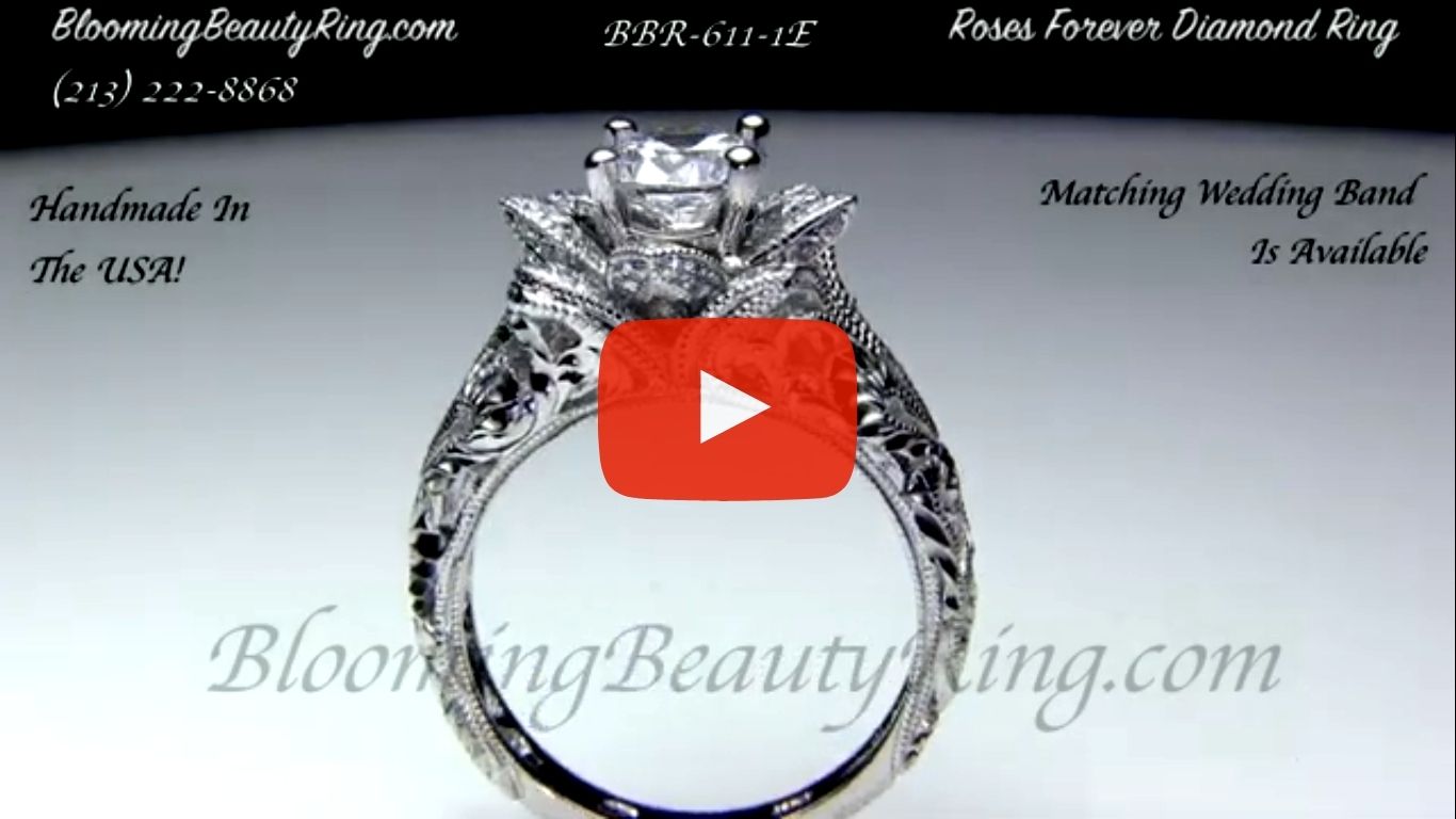 Diamond Embossed Blooming Rose Engagement Ring with Etched Carvings – bbr611-1 standing up video