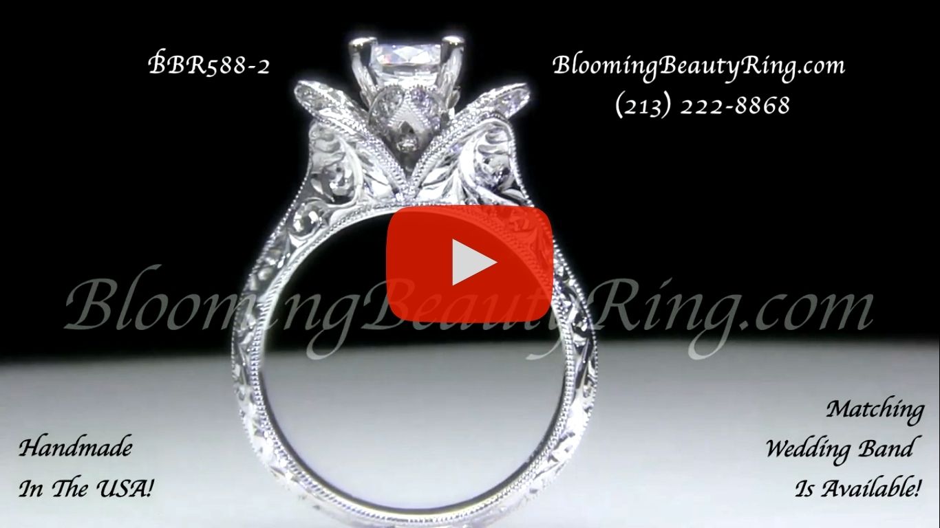 Hand Engraved 8 Petal .58 ct. Diamond Lotus Flower Ring – bbr588-2 standing up video