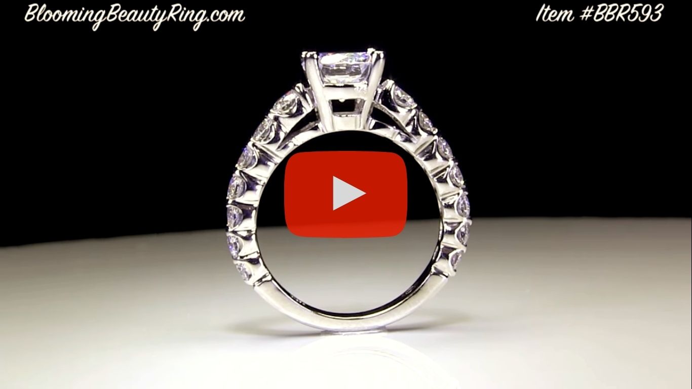 Shared Prong Antique Style Engagement Ring with Large Graduated Diamonds – bbr593 Standing up video