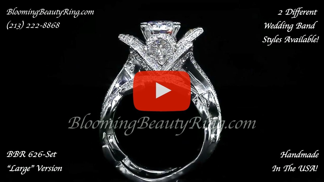 The Large Ring and Small Band Lotus Leafy 1.80 ctw. Diamond Engagement Flower Ring Set – bbr626set standing up video