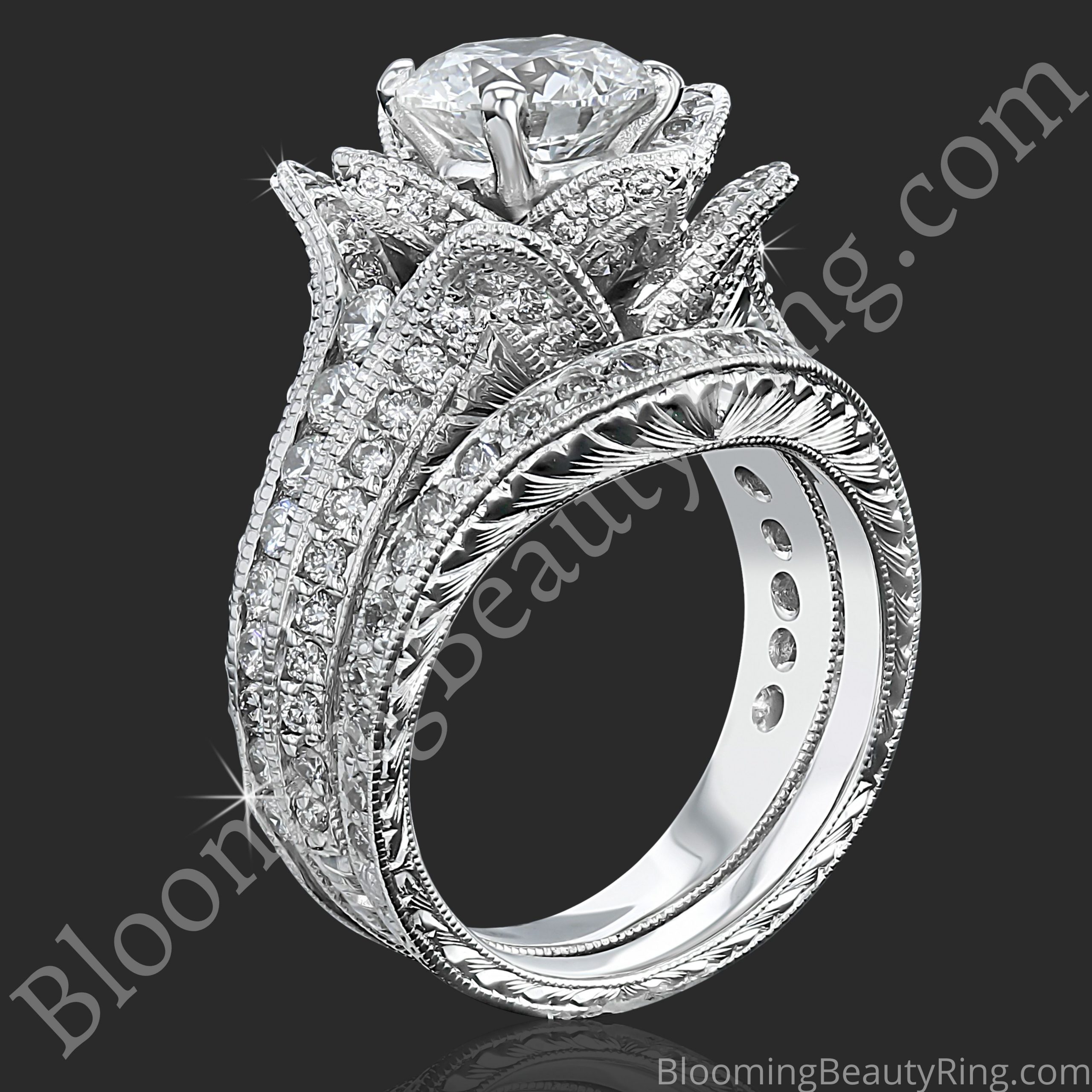 1.67 ctw. Small Hand Engraved Blooming Beauty Wedding Ring Set
