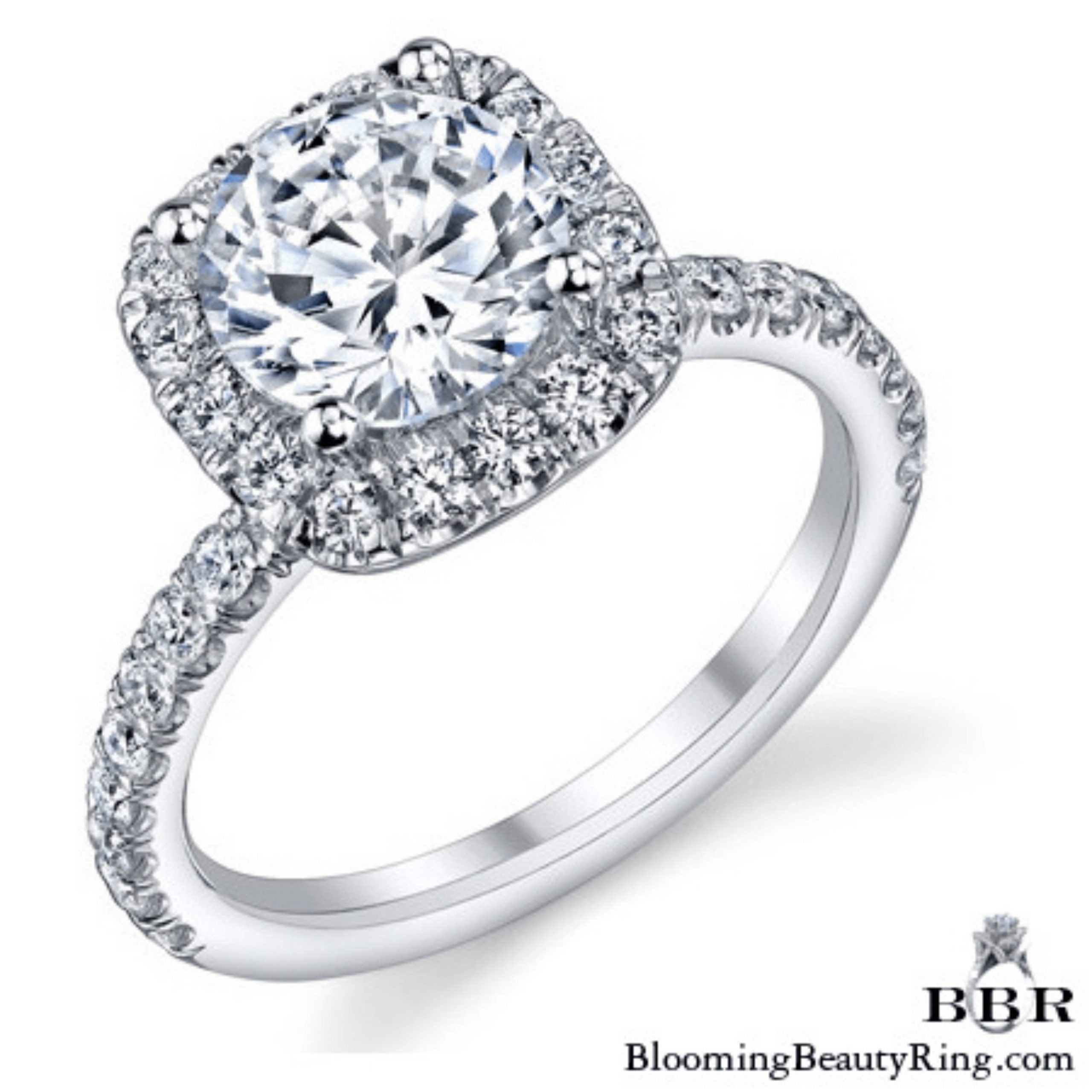 Petite Square Halo Round Shared Prong Set Diamond Engagement Ring - bbr572e standing up