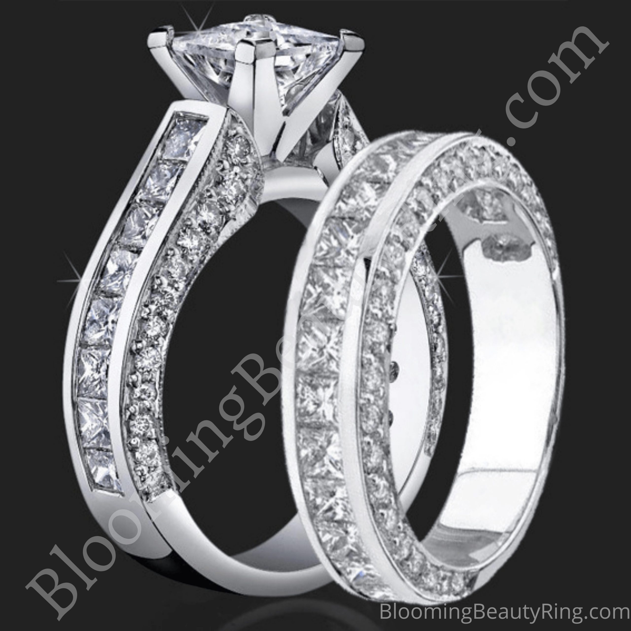 3.68 ctw. Channel Set Princess Micro Pave Round Engagement Ring Set - bbr411-411b standing up 1