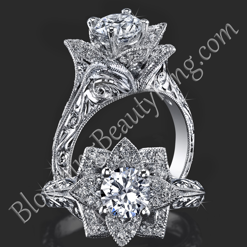 Hand Engraved 8 Petal .58 ct. Diamond Lotus Flower Ring