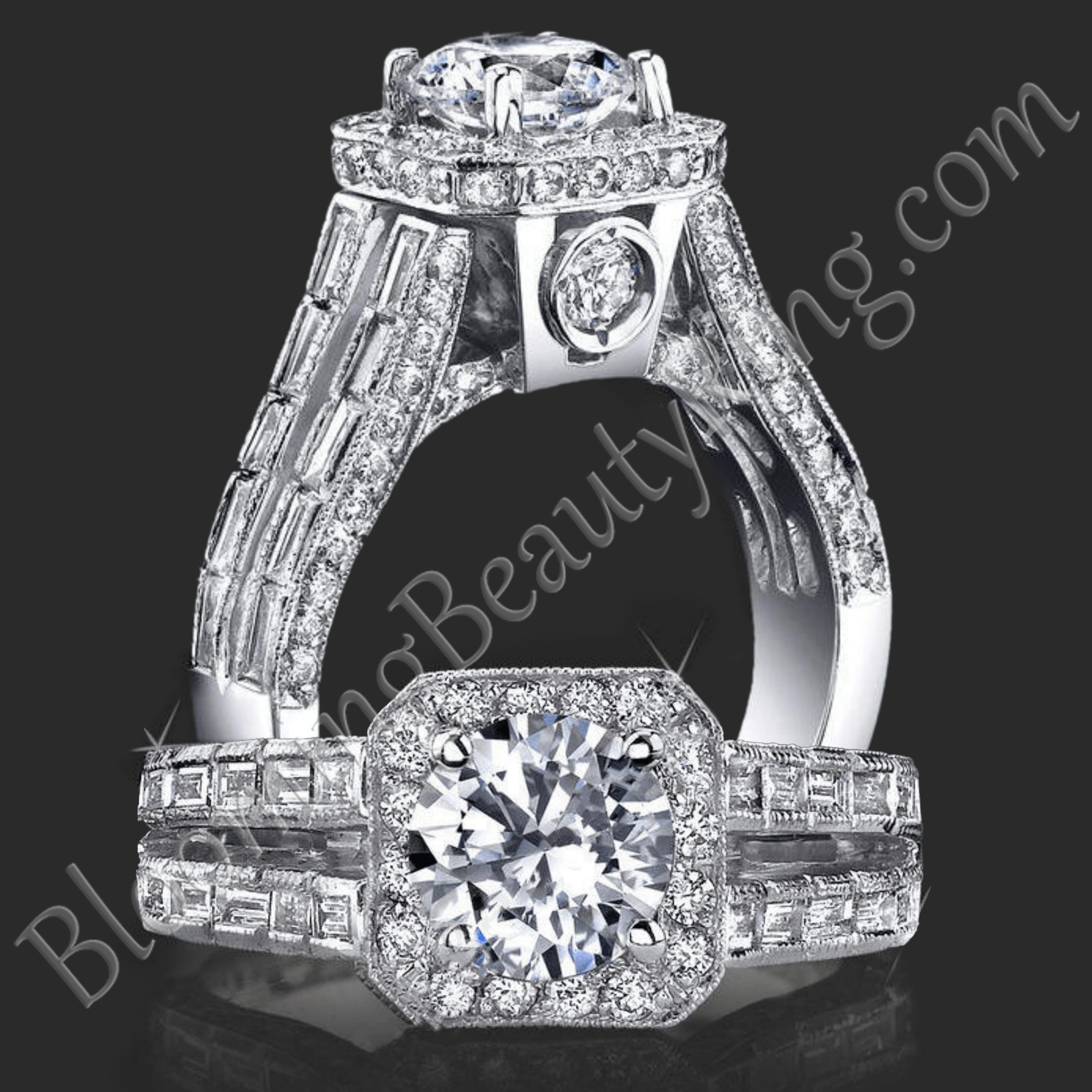 Baguette and Round Halo Style Diamond Engagement Ring with Large Peekaboo Side Diamonds – bbr388-1