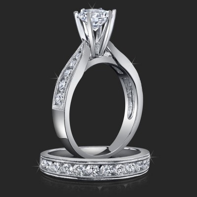 1.00 ctw. Tapered Millegrain 6 Prong Tiffany Diamond Engagement Ring Set - bbr139