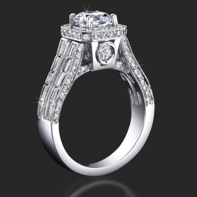1.65 ctw. Baguette and Round Halo Style Diamond Engagement Ring - bbr388-1
