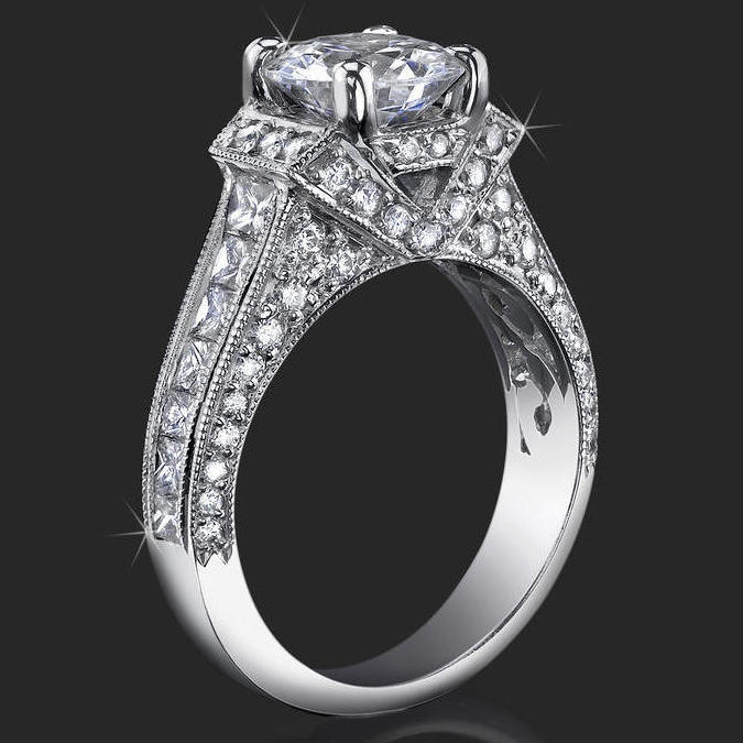 1.83 ctw. 4 Prong Princess and Round Millegrain Engagement Ring - bbr290