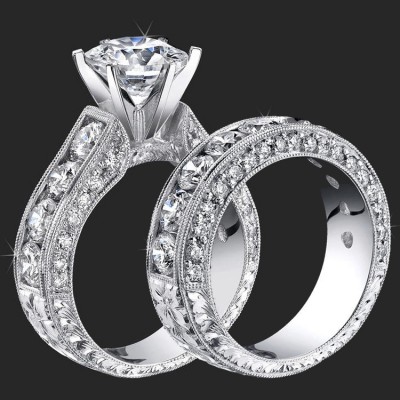 4.20 ctw. Round Diamond Millegrain Engraved 6 Prong Diamond Engagement Ring Set - bbr389set