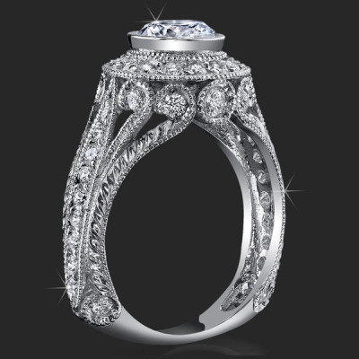 .92 ctw. Engraved Filigree and Bezel Prong Diamond Engagement Ring - bbr286