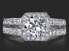 Baguette and Round Halo Style Diamond Engagement Ring with Large Peekaboo Side Diamonds