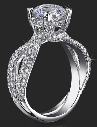 .Micropave Diamonds On Elegant Criss Cross Designer Band And Glistening Platinumn Prongs