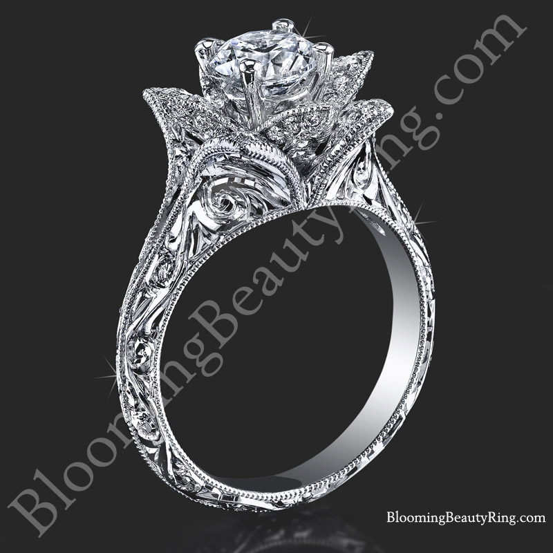 Antique Vintage Style Lotus Engagement Ring with Hand Engraving