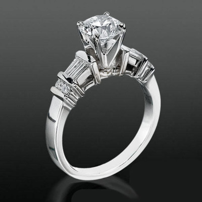Tiffany Style Engagement Ring with Tapered Baguette and Small Round Side Accent Diamonds bbrnw6010