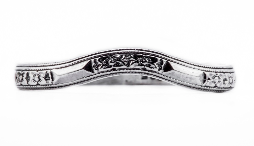 wb077bbr | Antique Filigree Wedding Band | Curved and Engraved | Flowers and Arrows