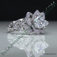 Diamond Embossed Blooming Rose Engagement Ring with Etched Carvings 7