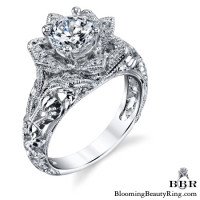 Diamond Embossed Blooming Rose Engagement Ring with Etched Carvings 10