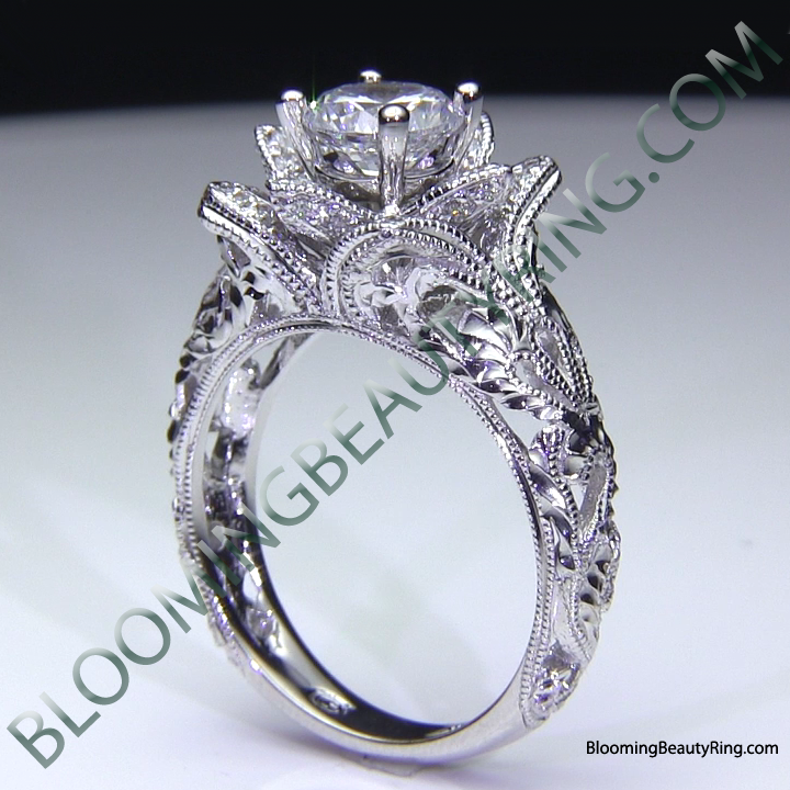 Diamond Embossed Blooming Rose Engagement Ring