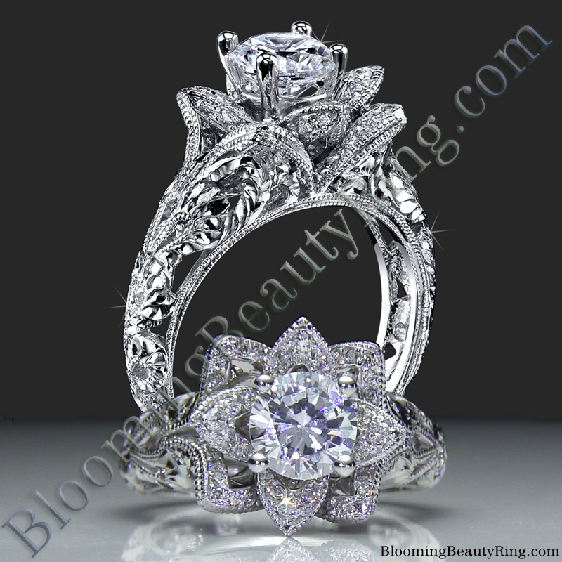 Diamond Embossed Blooming Rose Engagement Ring with Etched Carvings – bbr611-1