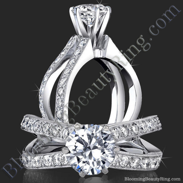 1.05 ctw. Split Shank Millegrain and Pave Diamond Engagement Ring - bbr453