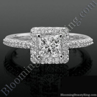 Princess Halo with Shared Pronged Round Diamonds Low Profile Engagement Ring