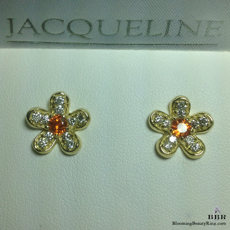 Round Brilliant Cut Orange Sapphire and Diamond Flower Earrings - jte383