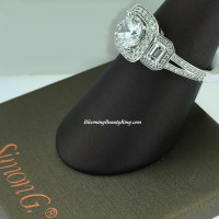 Simon G 3 Stone Diamond Halo Engagement Ring