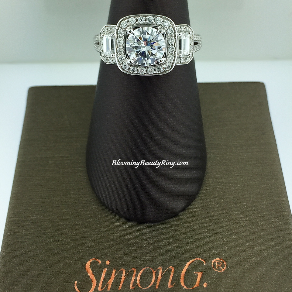 Simon G 3 Stone Diamond Halo Engagement Ring - TR446