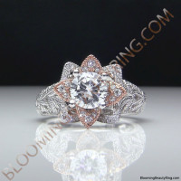 Art Carved Blooming Rose Flower Engagement Ring with Rose Gold Petals 4