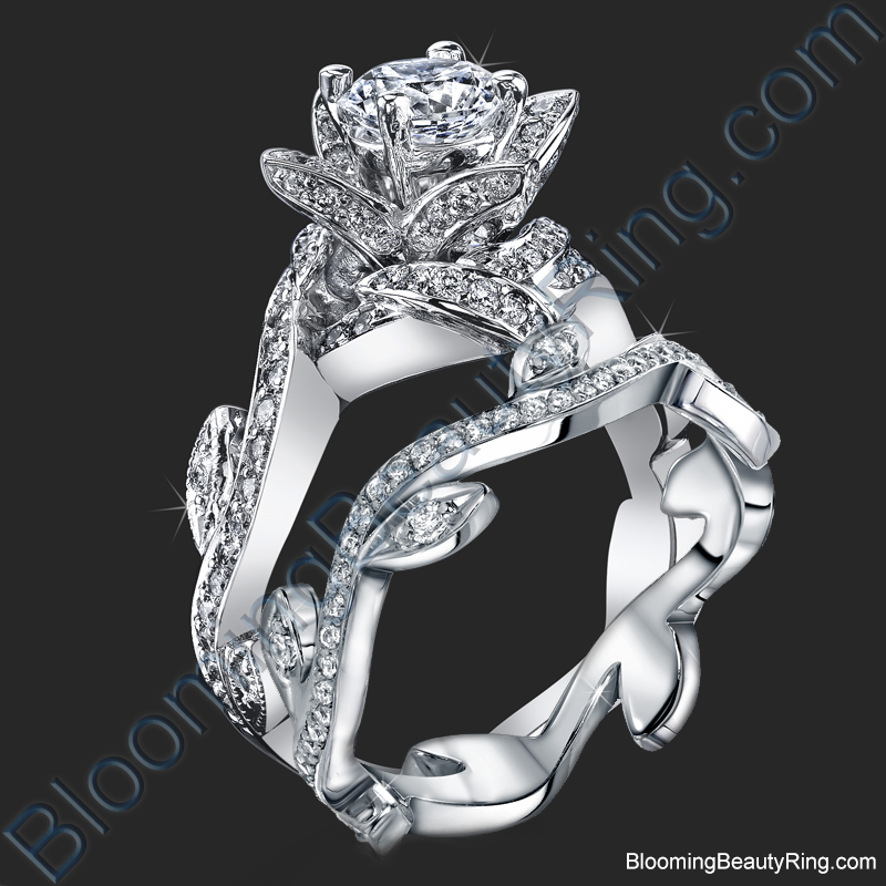 Lotus Ring with Leaves Diamond Engagement Ring Set