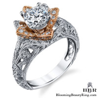 Art Carved Blooming Rose Flower Engagement Ring with Rose Gold Petals 7