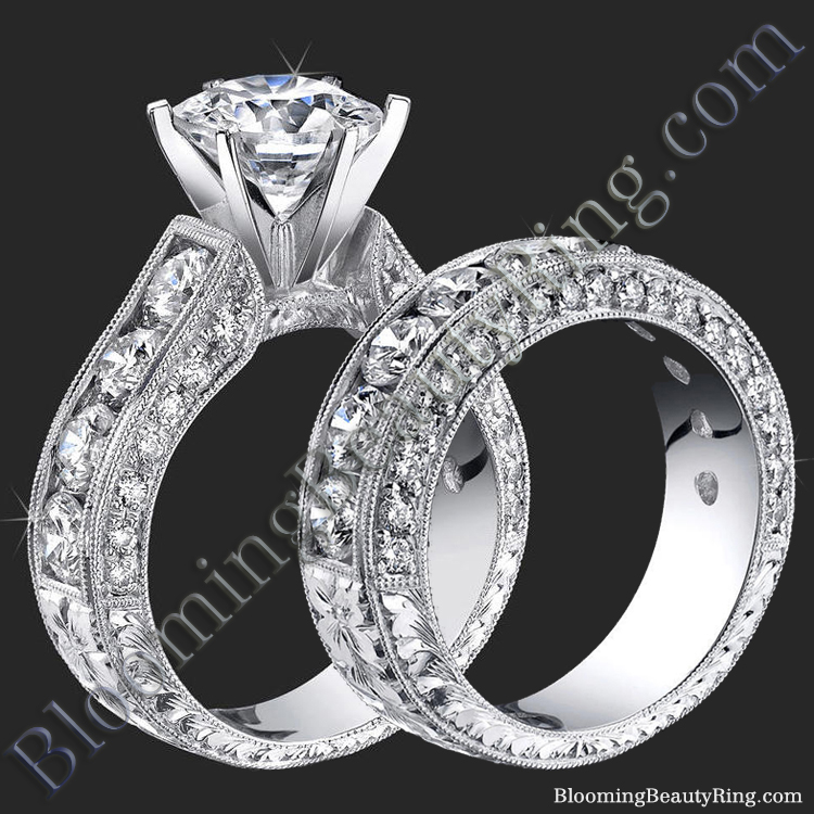 4.10 ctw. Round Diamond Millegrain Engraved 6 Prong Diamond Engagement Ring Set - bbr389set