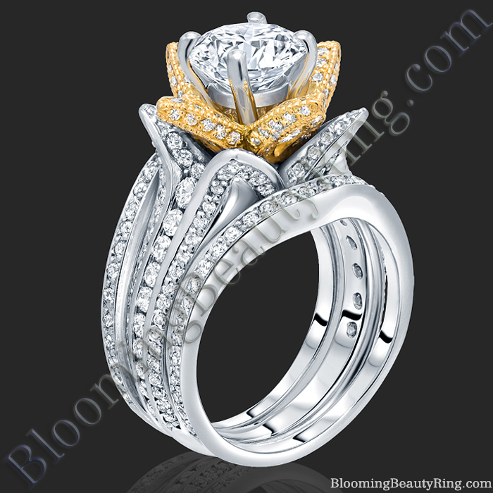 Double Band Two Toned White and Yellow Gold Flower Ring Set - bbr434ttyset