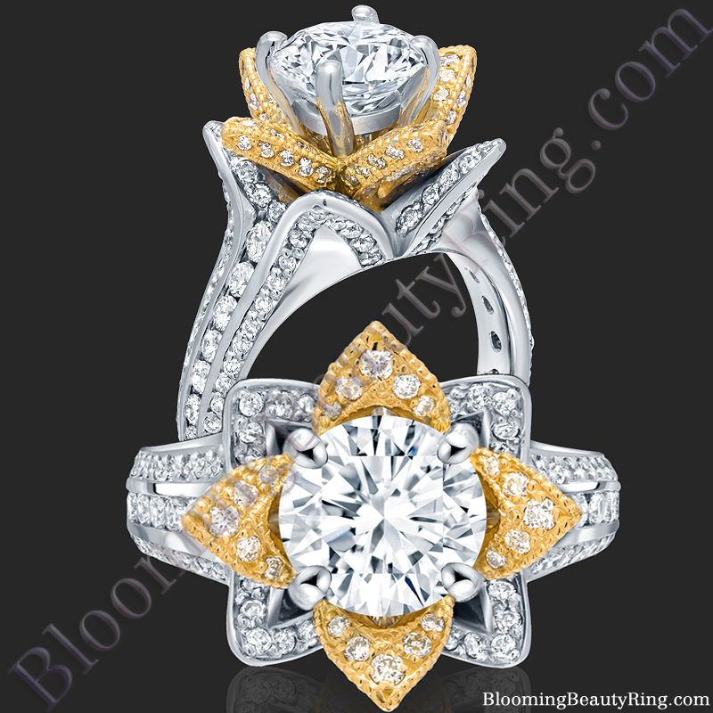 Two Toned Yellow Gold and White Blooming Beauty Flower Ring